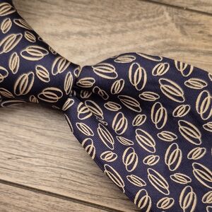 CHRISTIAN DIOR Dark Navy Beige Abstract Ovals Silk Designer Mens Tie VTG RARE‎
